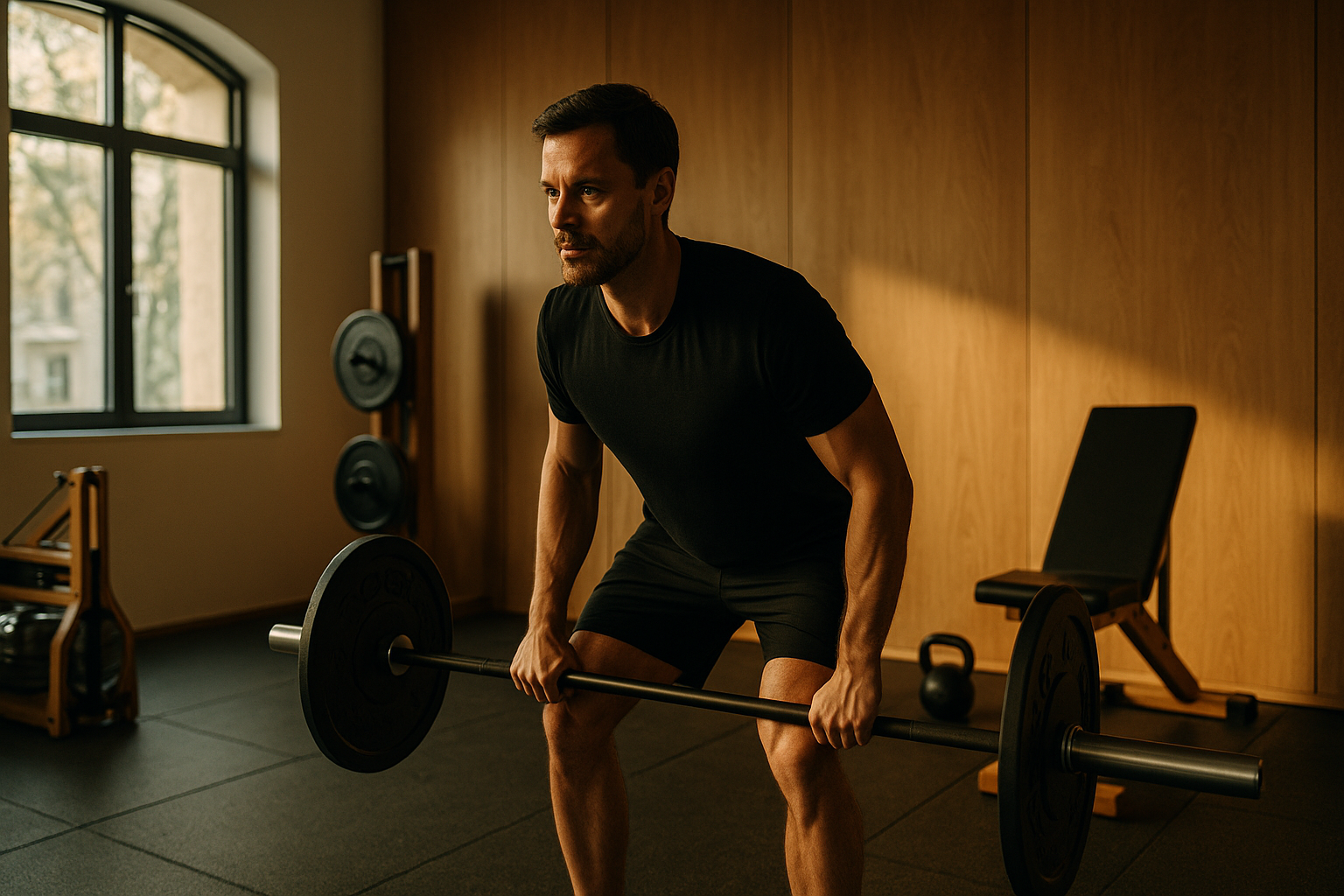 Focused Berlin professional training alone in a minimalist, wood-accented gym filled with warm daylight — Sqwod Pod Kollwitzkiez.