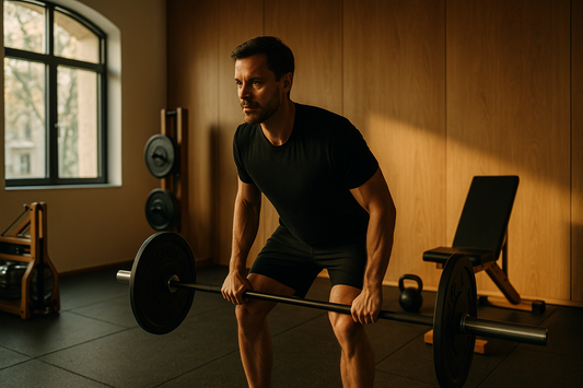 Focused Berlin professional training alone in a minimalist, wood-accented gym filled with warm daylight — Sqwod Pod Kollwitzkiez.
