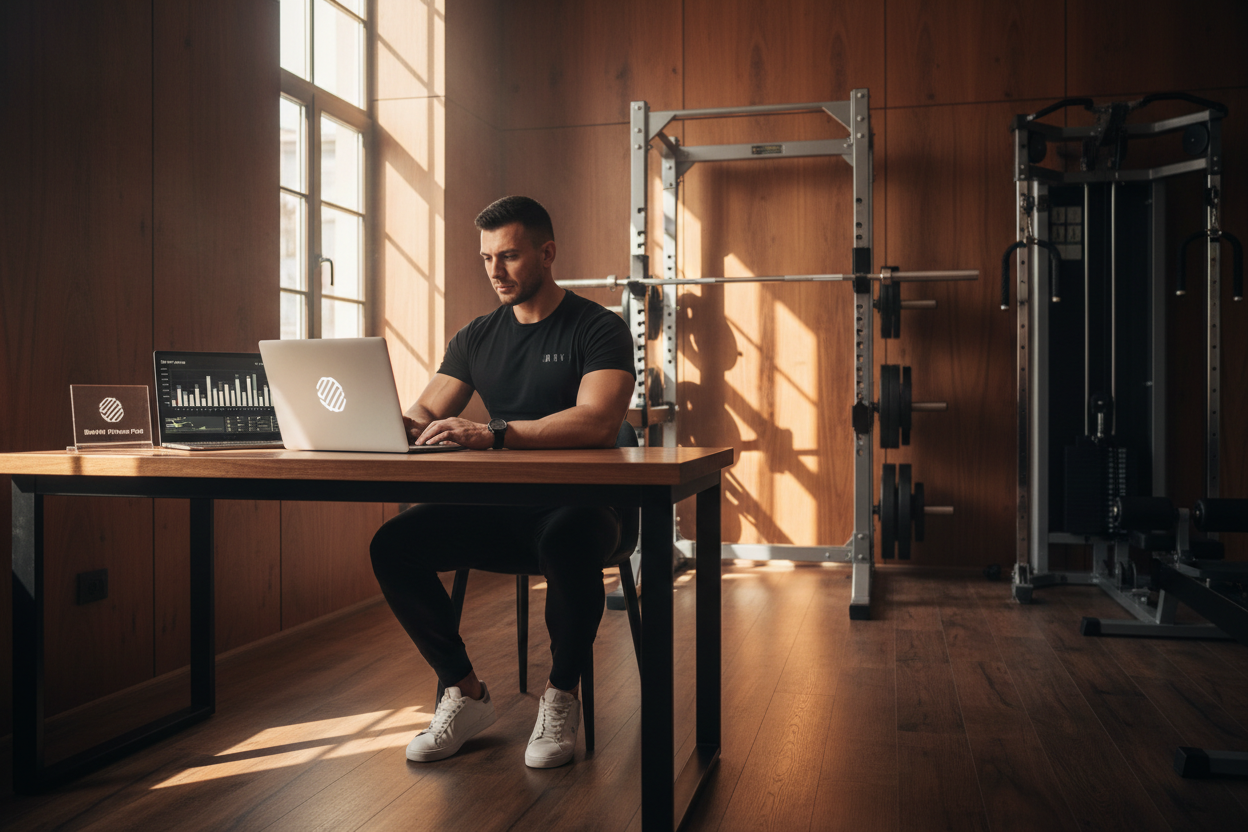 Personal trainer reviewing business growth data on laptop in a private fitness pod studio in Berlin-Weißensee, building a 6-figure training business