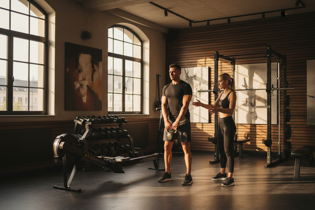 Personal trainer and client discussing private training session in a modern fitness pod studio in Berlin, wooden walls, warm natural light, future of personal training