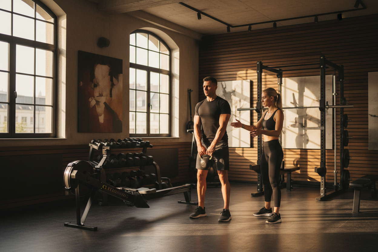 Personal trainer and client discussing private training session in a modern fitness pod studio in Berlin, wooden walls, warm natural light, future of personal training