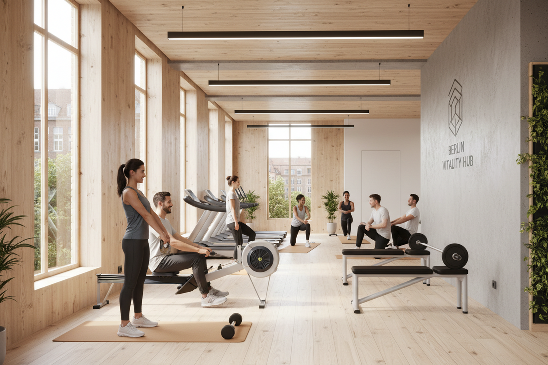 Happy employees exercising in a bright modern workplace gym in Berlin, corporate fitness and employee retention, wood interior, natural light, wellness programme
