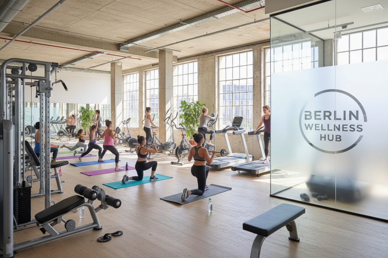 Employees exercising in a bright modern workplace gym in Berlin, fitness equipment, open floor plan, corporate employee wellness programme, future of workplace fitness