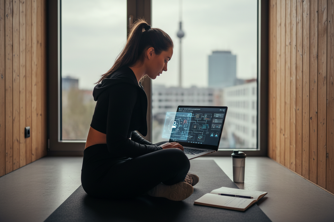 Personal trainer using AI tools on laptop in a private fitness pod studio in Berlin with Fernsehturm view, wooden walls, growing personal training business with technology