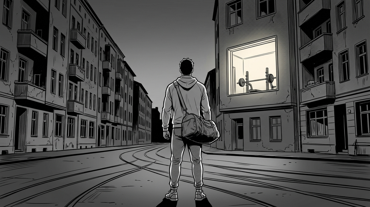 Black and white manhwa illustration of a lone athlete with a gym bag standing on a Berlin street with tram tracks, looking up at a lit window showing an empty private gym room with a barbell rack
