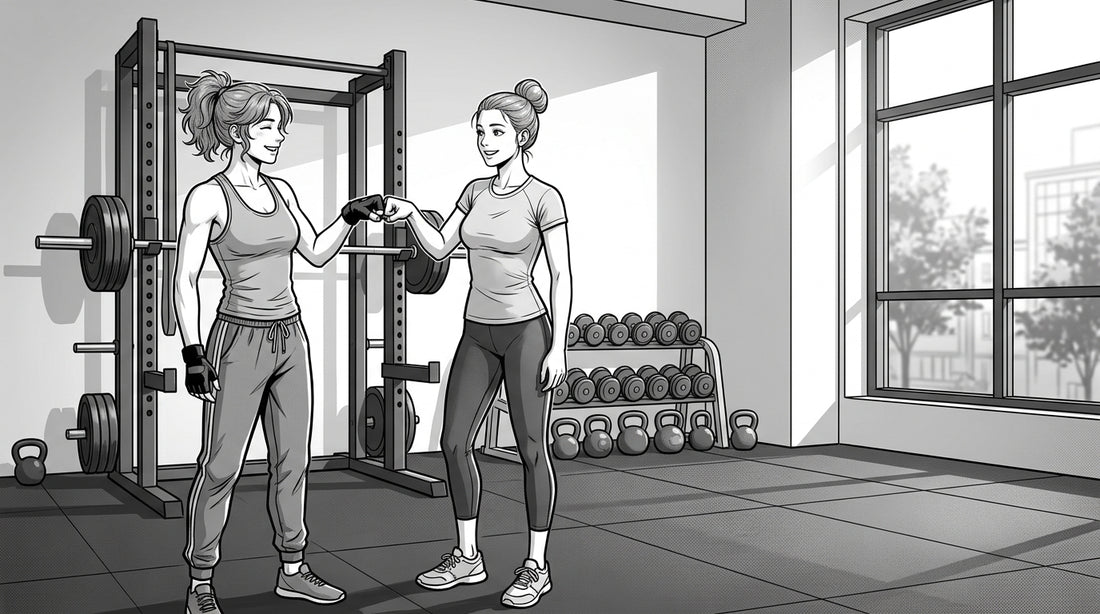 Black and white illustration of a personal coach and client sharing a fist bump in a private Berlin gym room