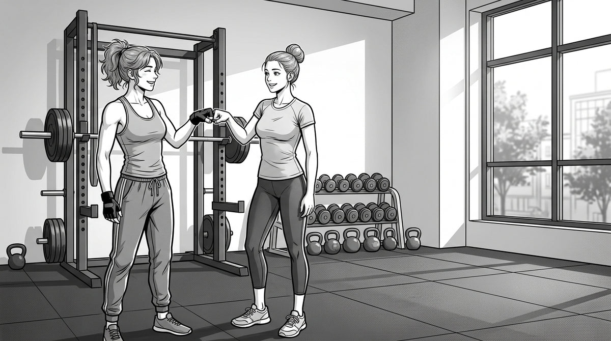 Black and white illustration of a personal coach and client sharing a fist bump in a private Berlin gym room