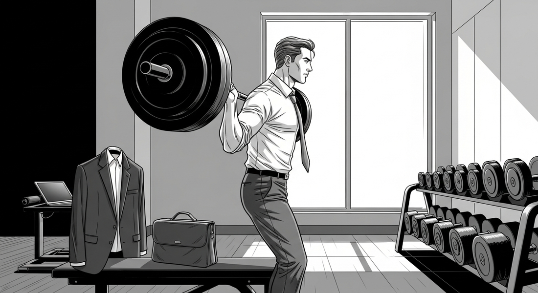 Black and white manhwa illustration of an office worker in a business shirt lifting a barbell in a private gym room in Berlin, suit jacket and laptop bag left on the bench