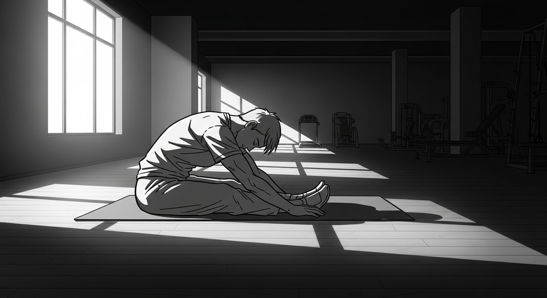 Black-and-white comic illustration of a Berliner training in a calm private gym