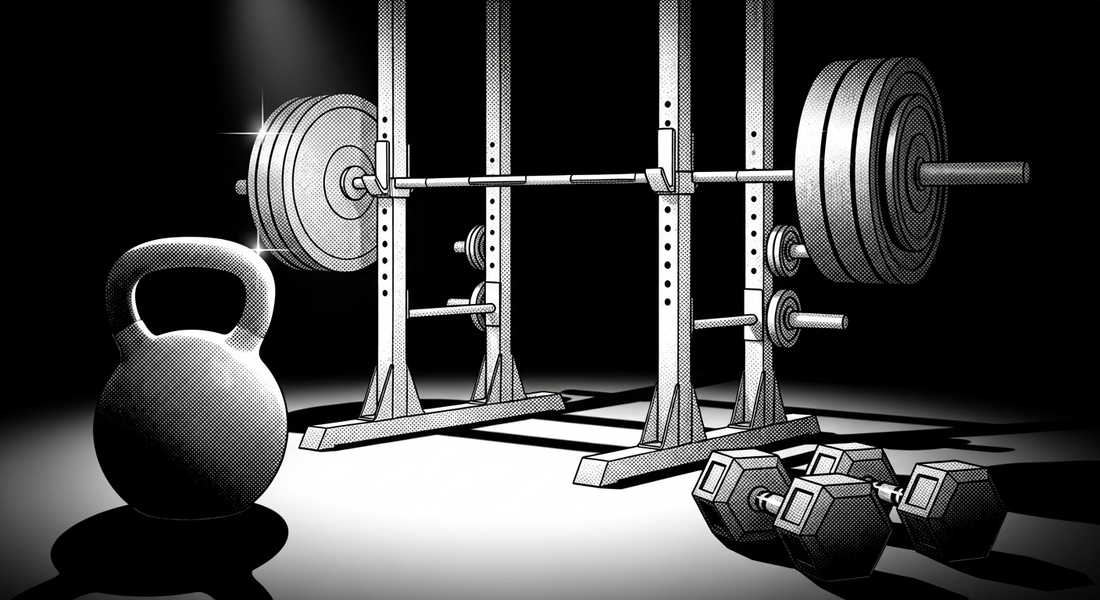 Black-and-white comic illustration of premium private gym equipment