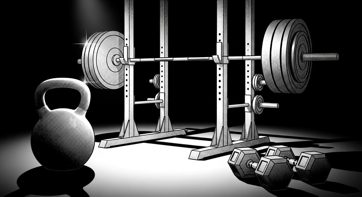 Black-and-white comic illustration of premium private gym equipment