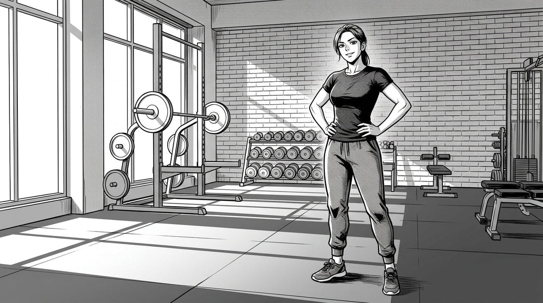 Black-and-white manhwa illustration of a gym owner standing with hands on hips in a spacious private gym room, squat rack and dumbbell rack along the brick wall behind her