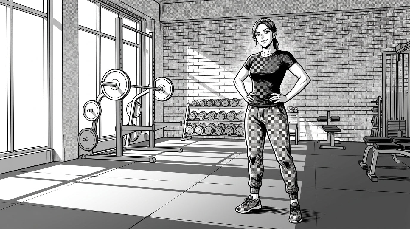 Black-and-white manhwa illustration of a gym owner standing with hands on hips in a spacious private gym room, squat rack and dumbbell rack along the brick wall behind her
