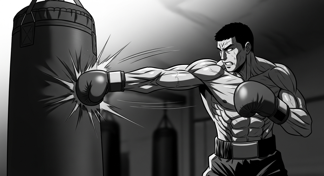 Black-and-white comic illustration of a boxer training on a heavy bag