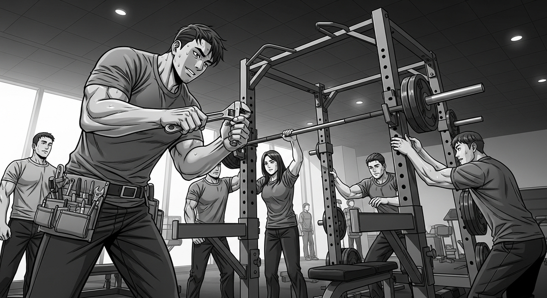 Black-and-white comic illustration of building a workplace gym