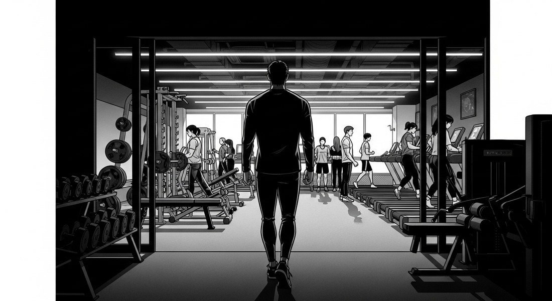 Black-and-white comic illustration of a person leaving a crowded gym membership behind