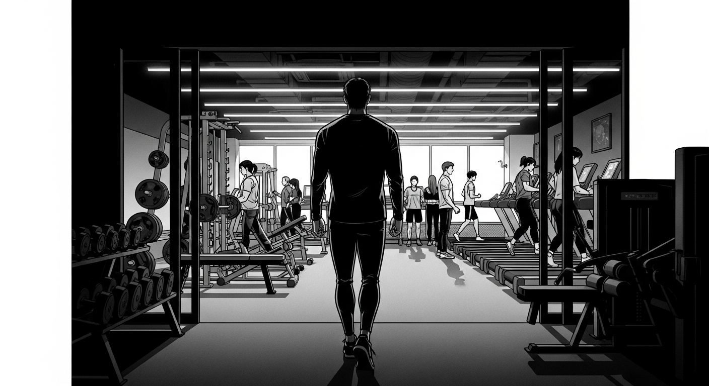 Black-and-white comic illustration of a person leaving a crowded gym membership behind