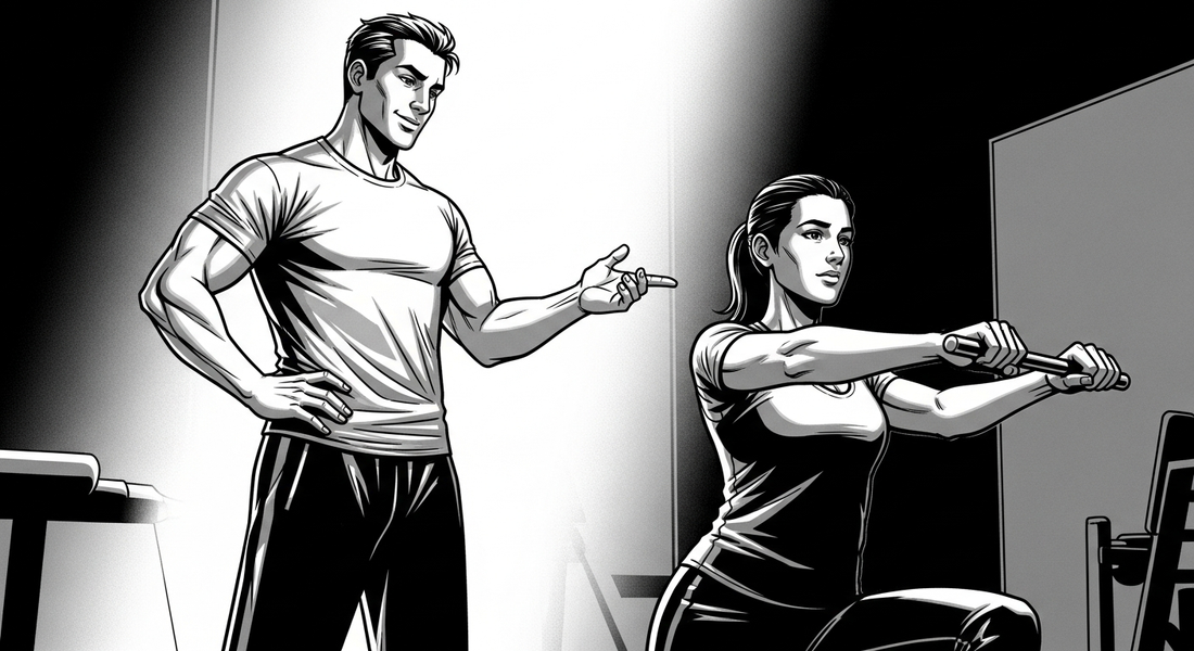 Black-and-white comic illustration of a personal trainer coaching a client, building credibility
