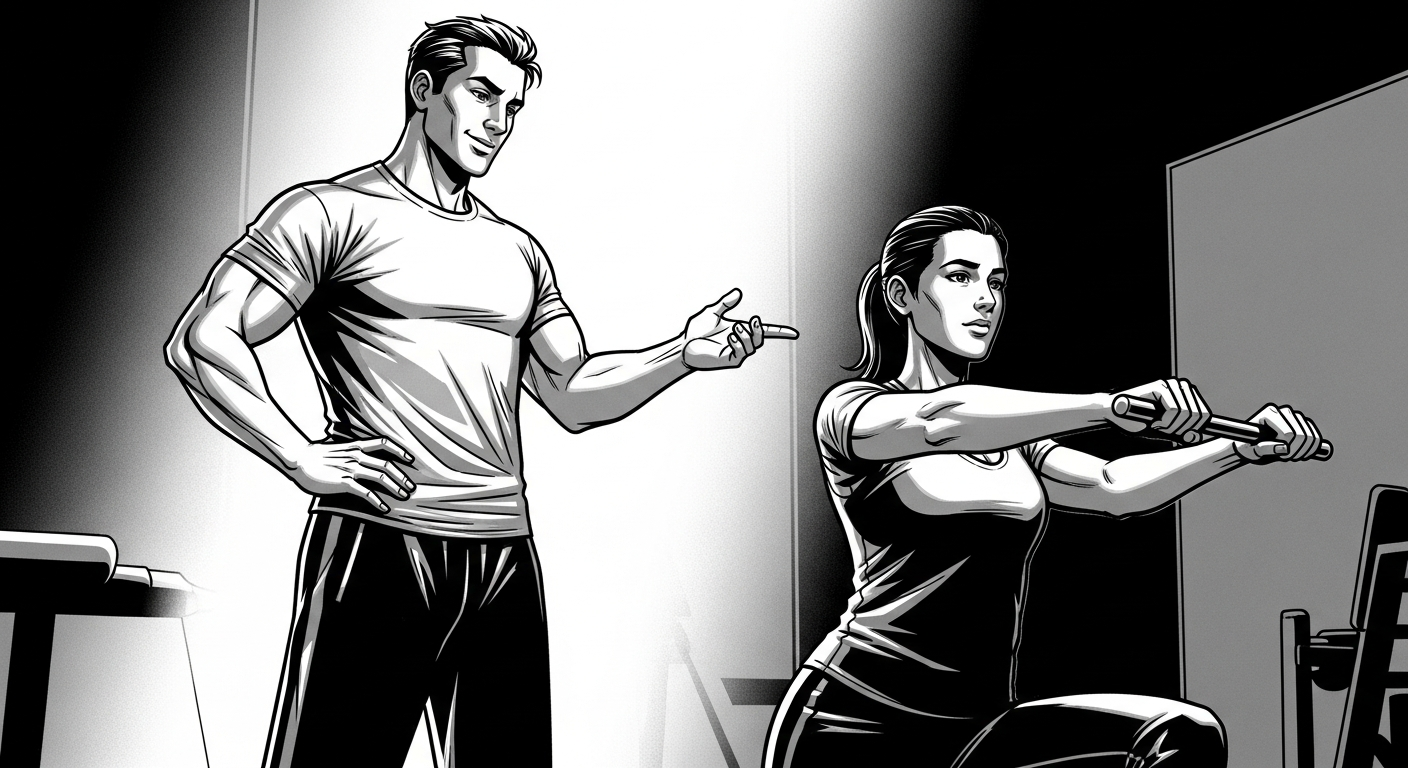 Black-and-white comic illustration of a personal trainer coaching a client, building credibility