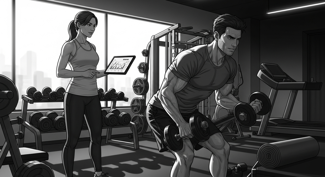 Black-and-white comic illustration of a customized workplace fitness session