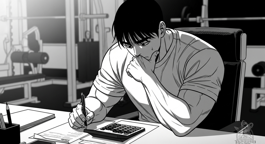 Black-and-white comic illustration of a personal trainer reviewing earnings at a desk