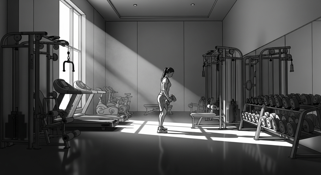 Black-and-white manhwa illustration of one athlete training alone in a spacious exclusive private gym room with no crowds