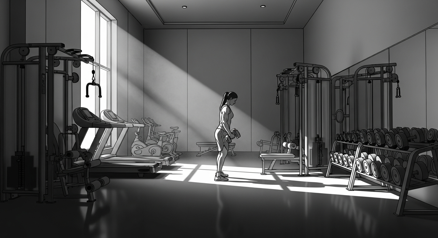 Black-and-white manhwa illustration of one athlete training alone in a spacious exclusive private gym room with no crowds