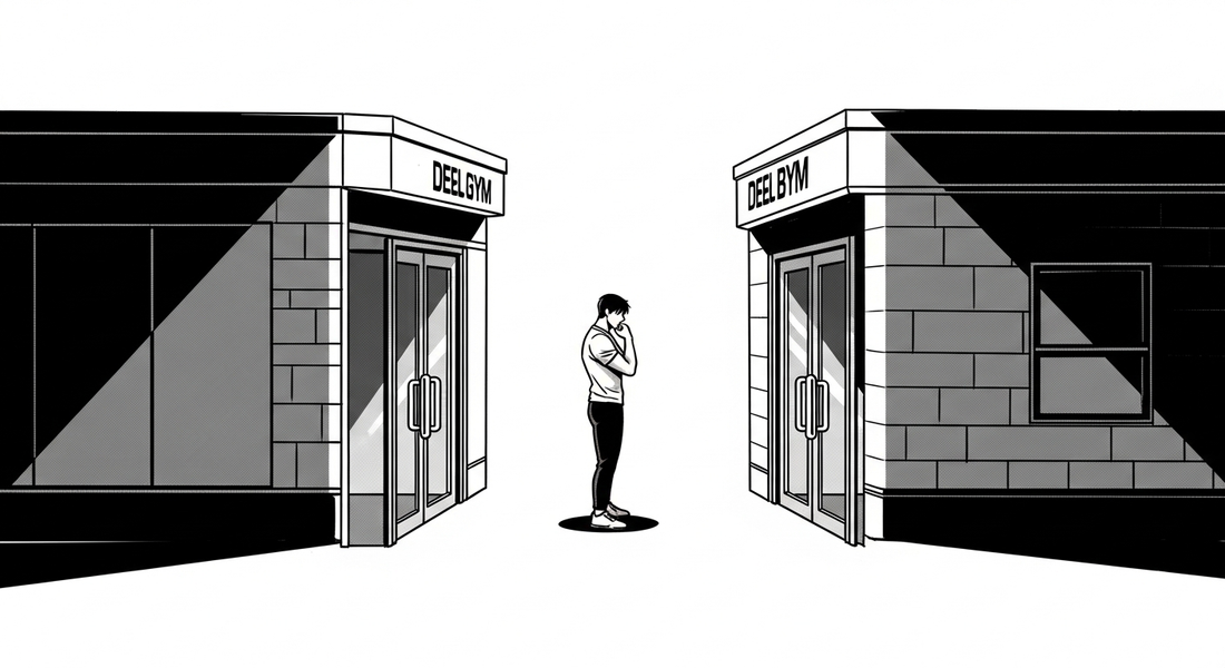 Black-and-white comic illustration of finding the best fitness studio