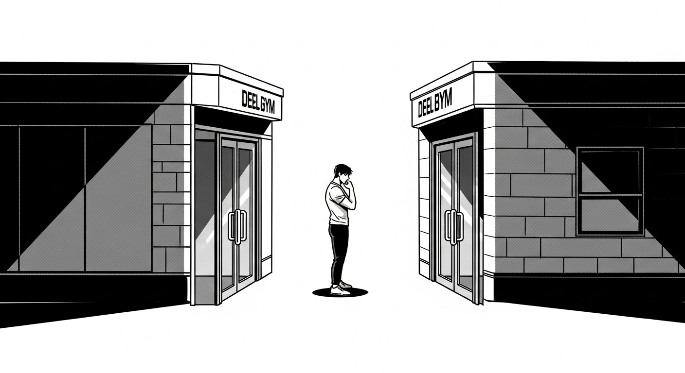 Black-and-white comic illustration of finding the best fitness studio
