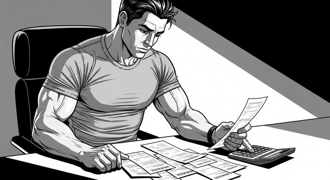 Black-and-white comic illustration of a trainer reviewing the costs of the job