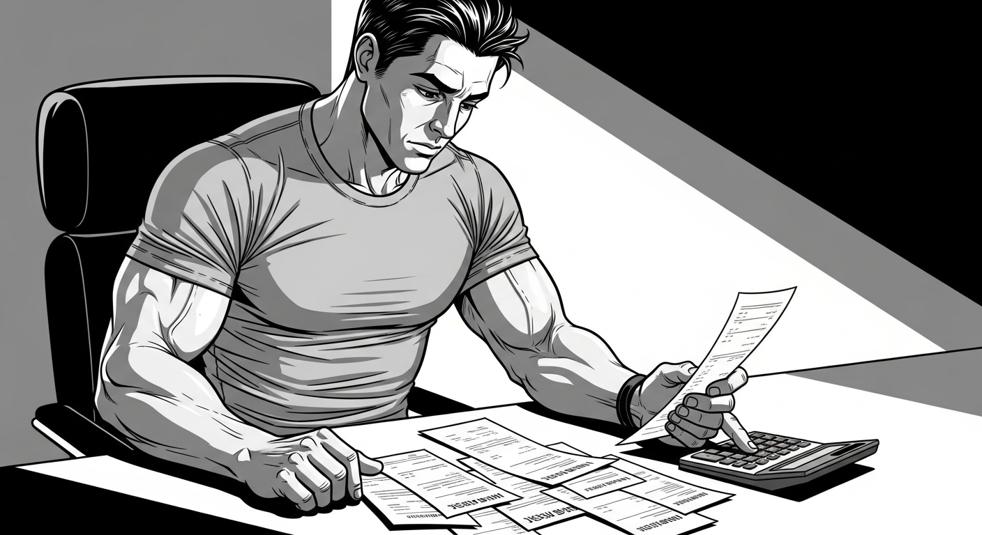 Black-and-white comic illustration of a trainer reviewing the costs of the job