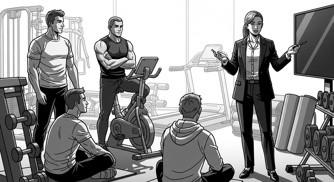 Black-and-white comic illustration of an HR manager introducing workplace wellness
