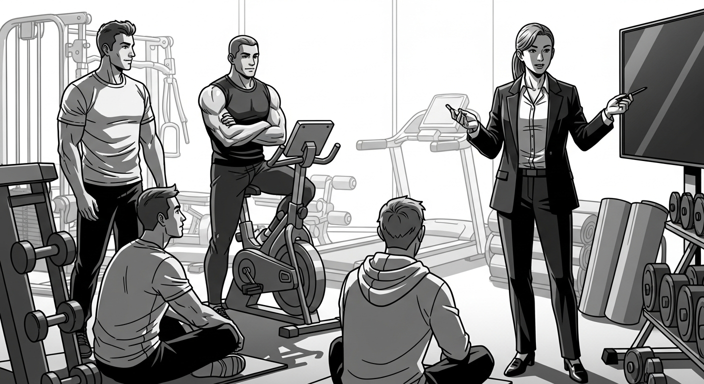 Black-and-white comic illustration of an HR manager introducing workplace wellness