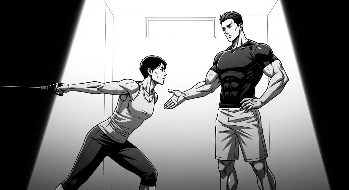 Black-and-white comic illustration of a trainer coaching a client without a gym