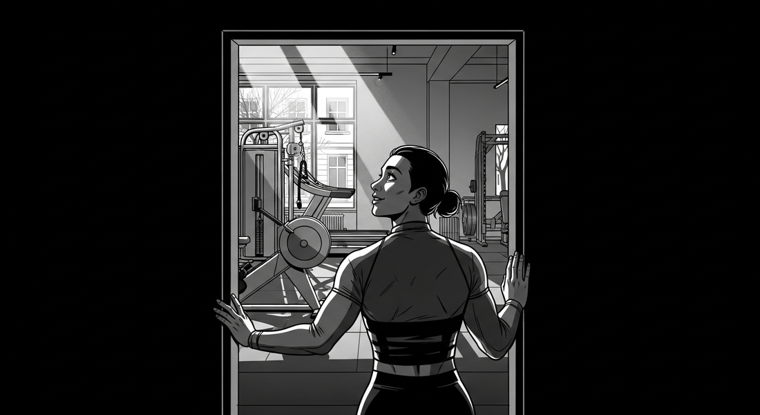 Black-and-white comic illustration of finding a private gym in Berlin