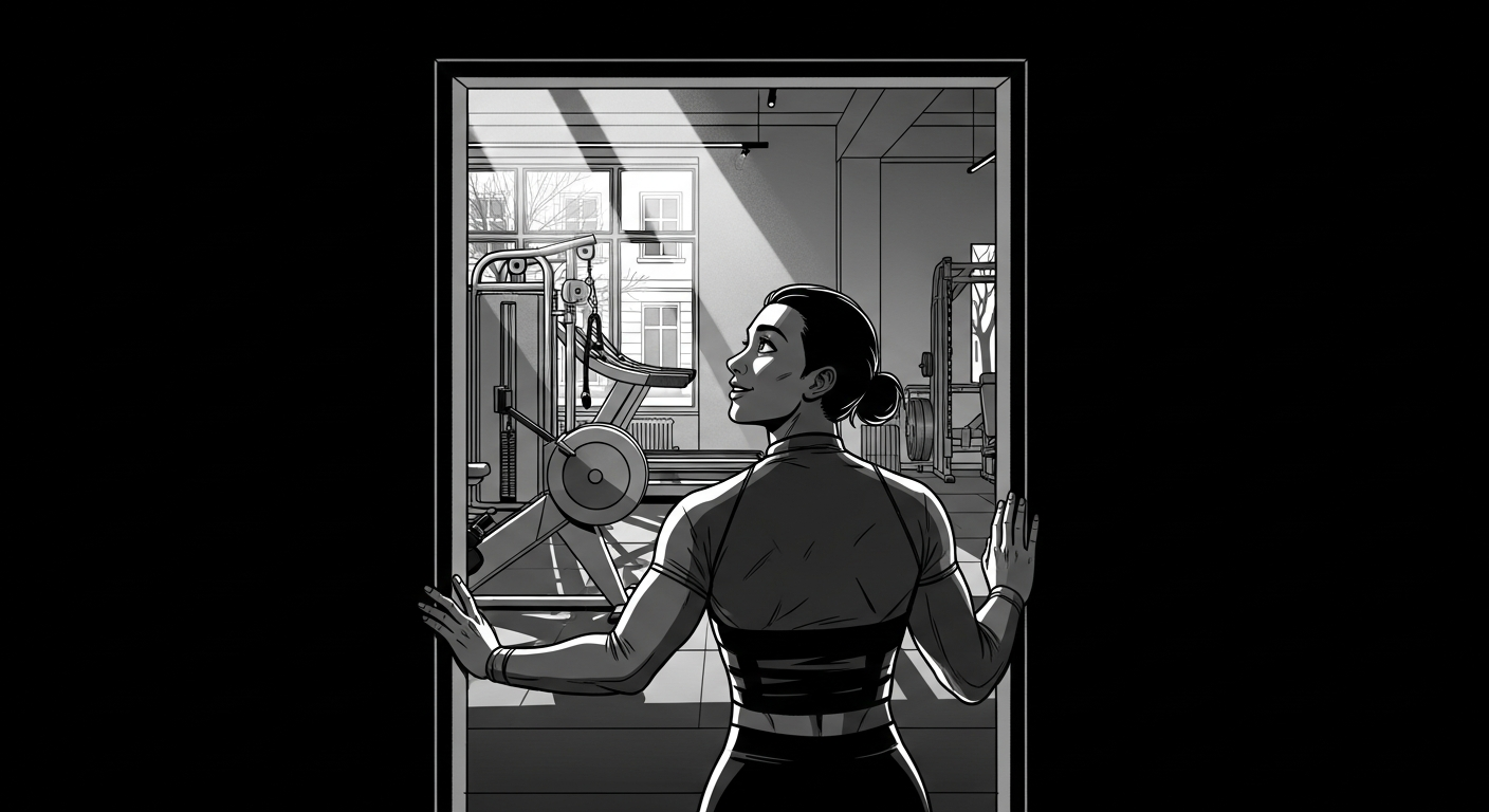 Black-and-white comic illustration of finding a private gym in Berlin