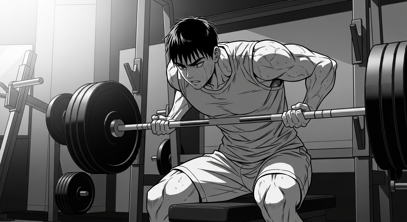 Black-and-white comic illustration of training in a private gym