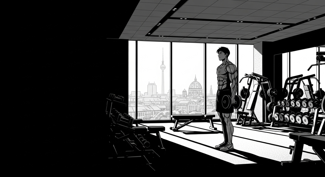 Black-and-white manhwa illustration of a single athlete lifting a dumbbell alone in a spacious private gym room overlooking the Berlin skyline