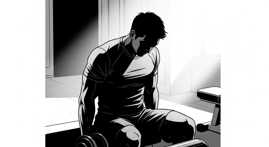 Black-and-white comic illustration of a person training alone in a private studio