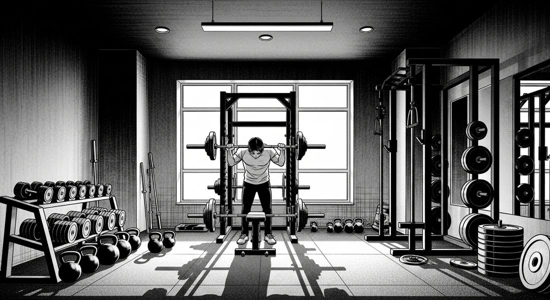 Black-and-white manhwa illustration of a single athlete setting up under a barbell on a squat rack, training alone in a spacious private gym room