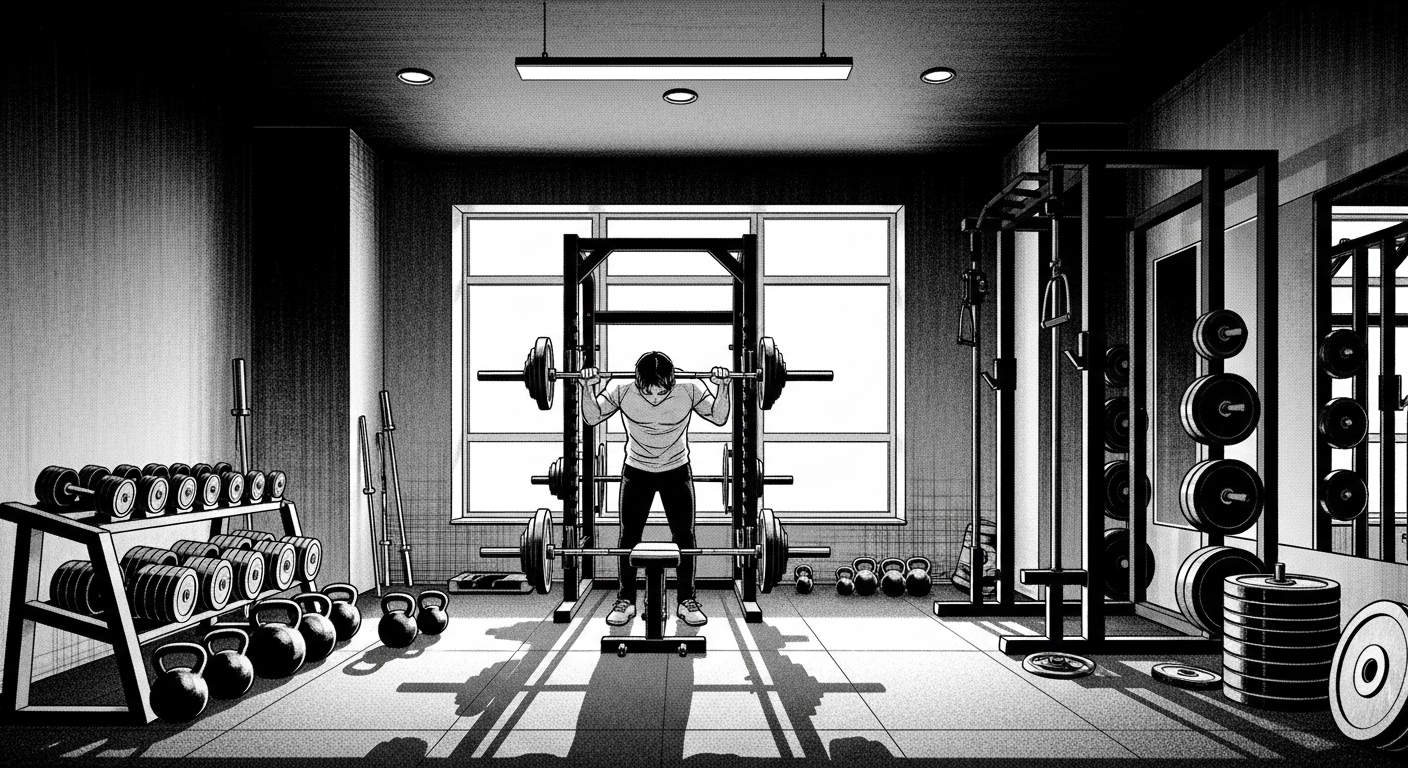 Black-and-white manhwa illustration of a single athlete setting up under a barbell on a squat rack, training alone in a spacious private gym room