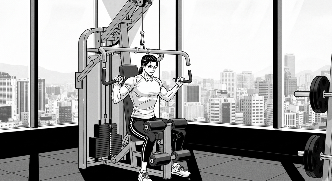 Black-and-white manhwa illustration of a professional training on a strength machine in a private gym room overlooking the Berlin skyline