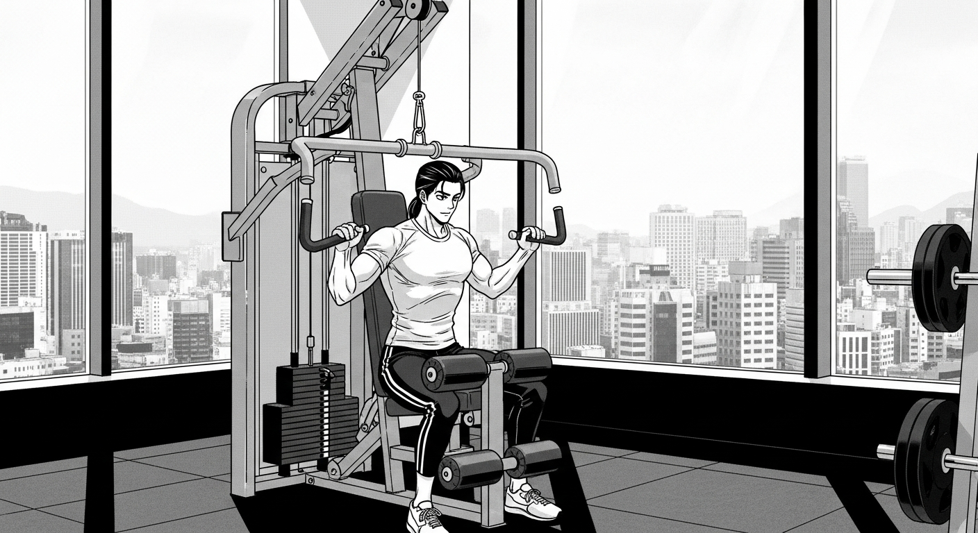 Black-and-white manhwa illustration of a professional training on a strength machine in a private gym room overlooking the Berlin skyline