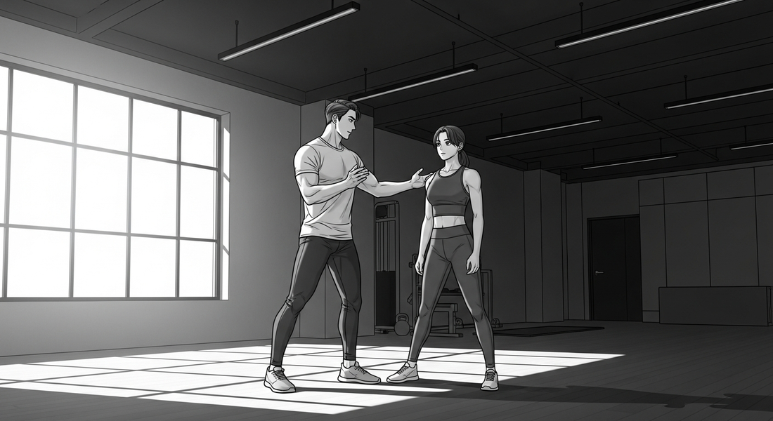 Black-and-white comic illustration of a personal trainer in a Berlin studio