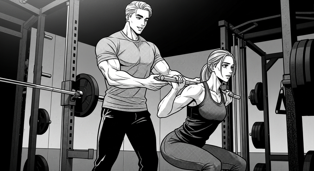 Black-and-white comic illustration of a personal trainer coaching in Berlin