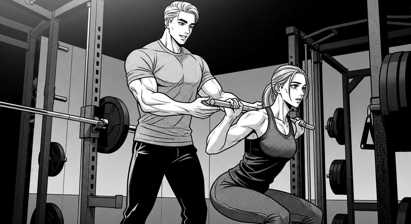 Black-and-white comic illustration of a personal trainer coaching in Berlin