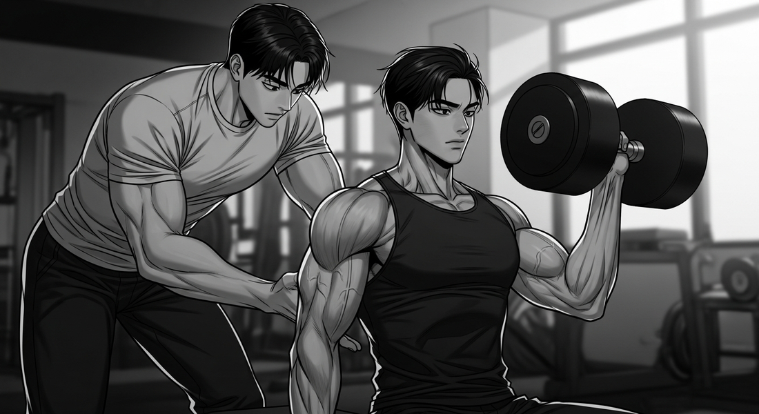 Black-and-white comic illustration of a personal trainer spotting a client in a private gym