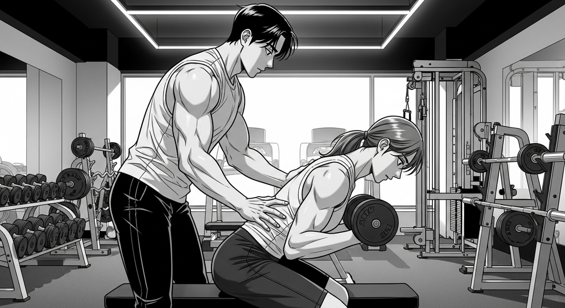 Black-and-white manhwa illustration of a personal trainer coaching a client through a dumbbell row in a spacious private Berlin gym room