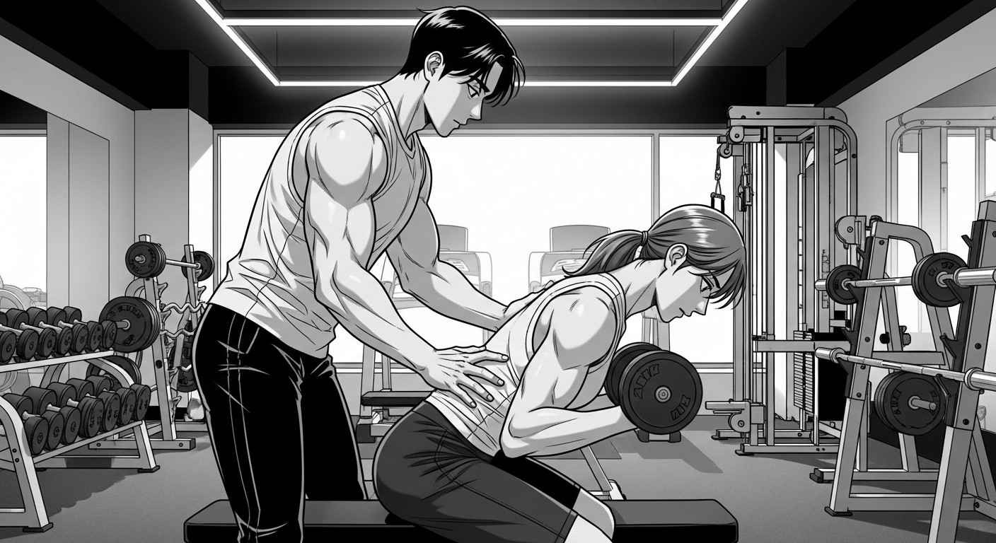 Black-and-white manhwa illustration of a personal trainer coaching a client through a dumbbell row in a spacious private Berlin gym room