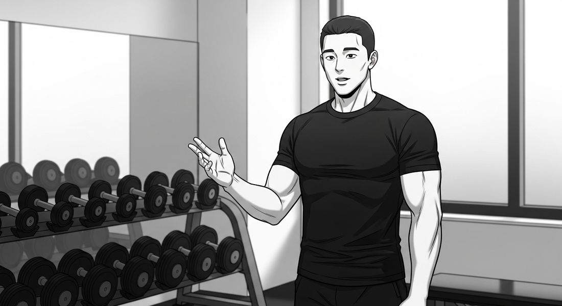 Black-and-white comic illustration of a personal trainer in a Berlin gym